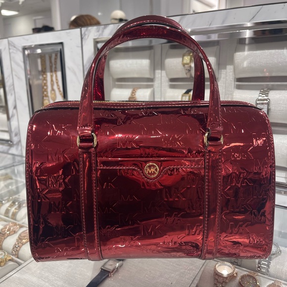 MICHAEL KORS Jet Set Medium Metallic Logo Debossed Satchel
Cherry 
NWT - Picture 2 of 16